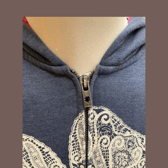 Lucky Brand Zip Hoodie | Gray Floral Faux Fur | Size L | Vintage - Picture 4 of 5